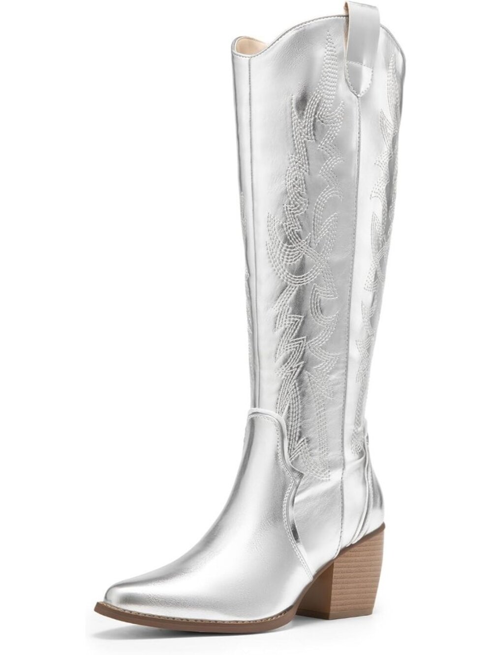 Women's Metallic Silver Wide Calf Chunky Heel Western Cowgirl Knee High Boot